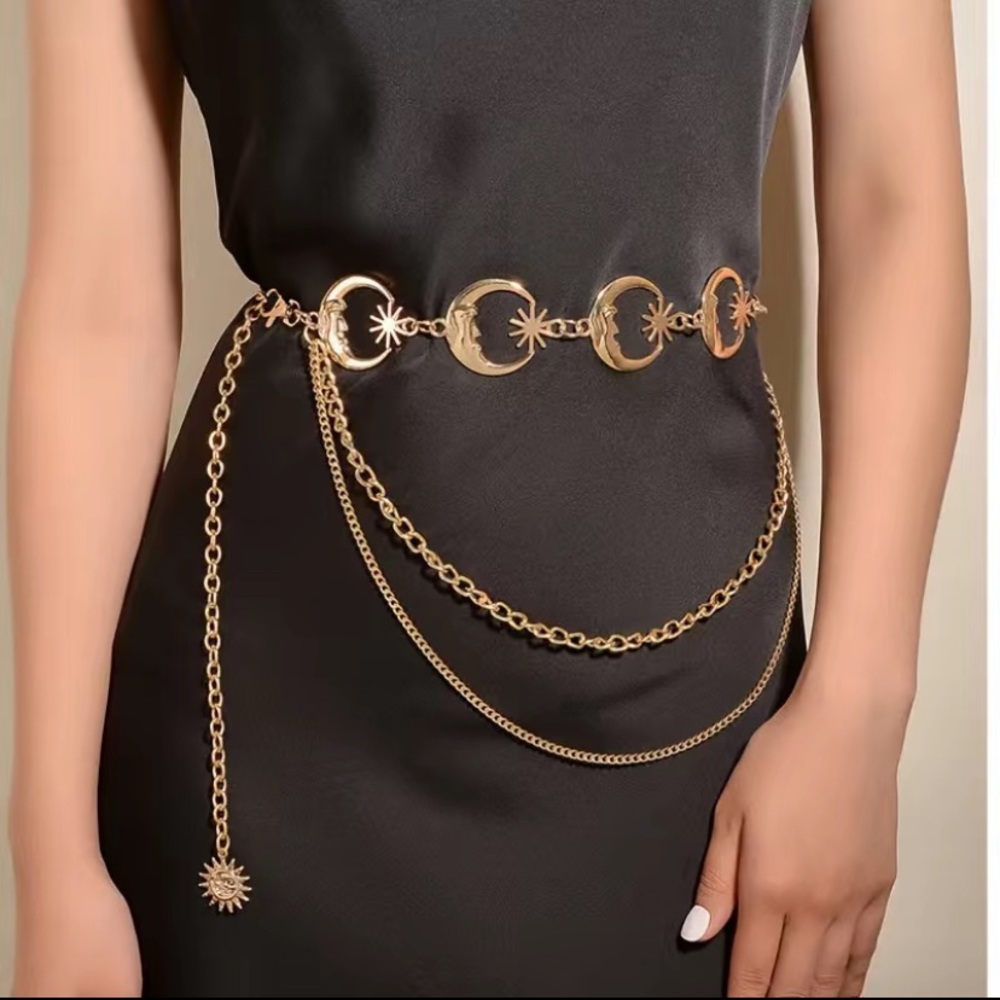 Celestial Crescent Moon Multi Layer Chain Statement Belt Metal Waist Belt Gold - Picture 7 of 11